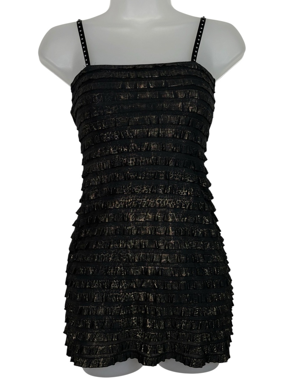 Vintage Y2K USA Made Black Gold Metallic Ruffle Fitted Camisole Tank Party XS